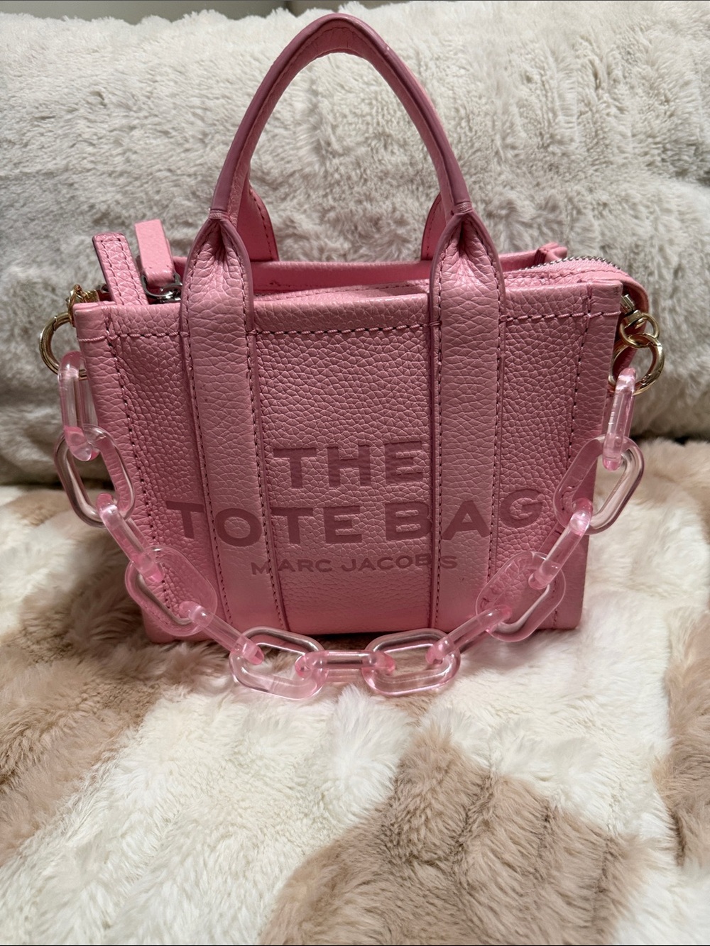 Marc Jacobs Pink Mini Pebbled Leather Tote with Pink Chain